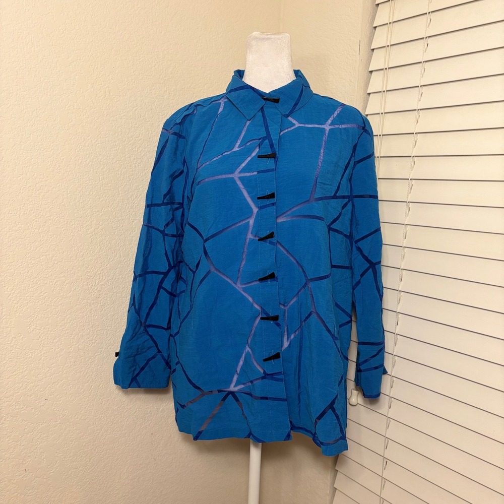 Ali Miles Blue Oversized Geometric Abstract Burnout Toggle Button Blouse Size S